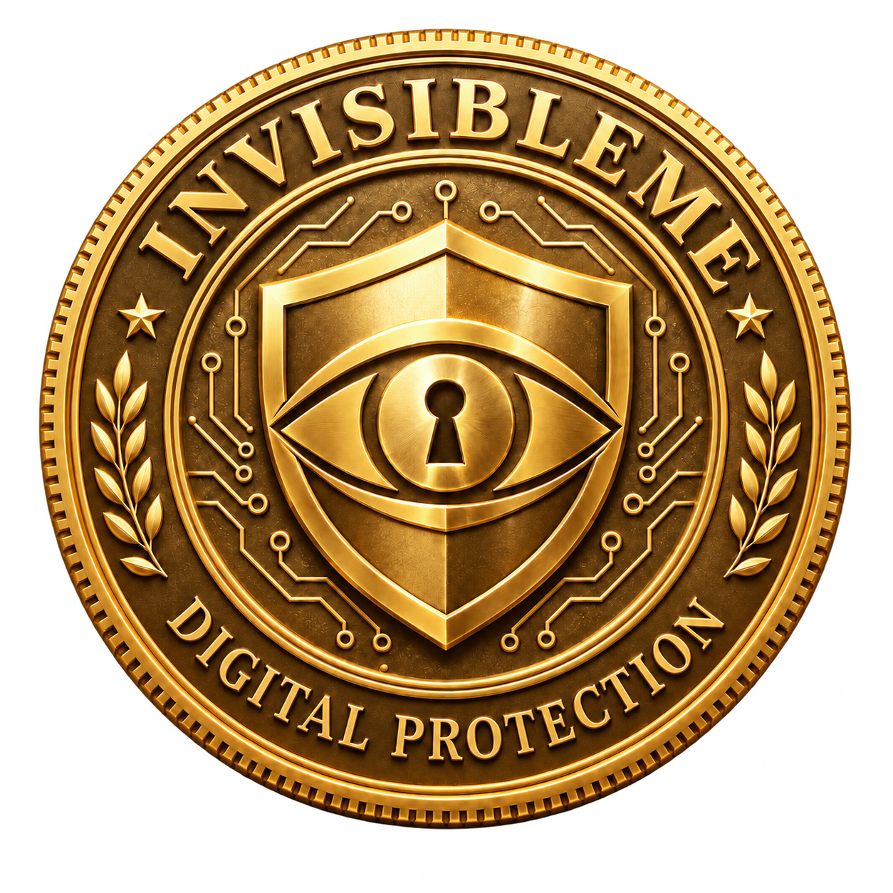 InvisibleMe: medalhão dourado com escudo, olho e fechadura